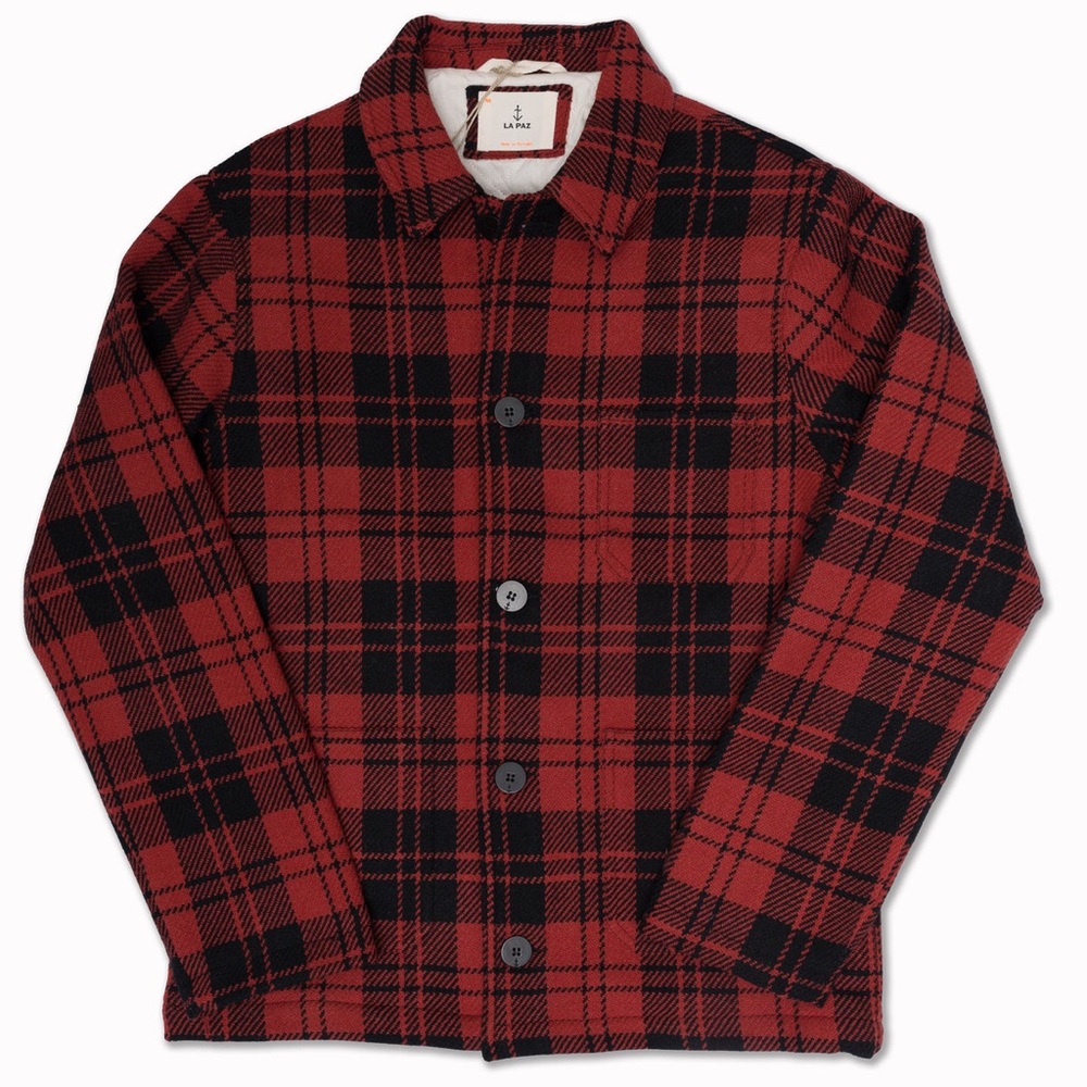 La Paz Baptista Worker Jacket in Red and Black Wool Checks - NWT